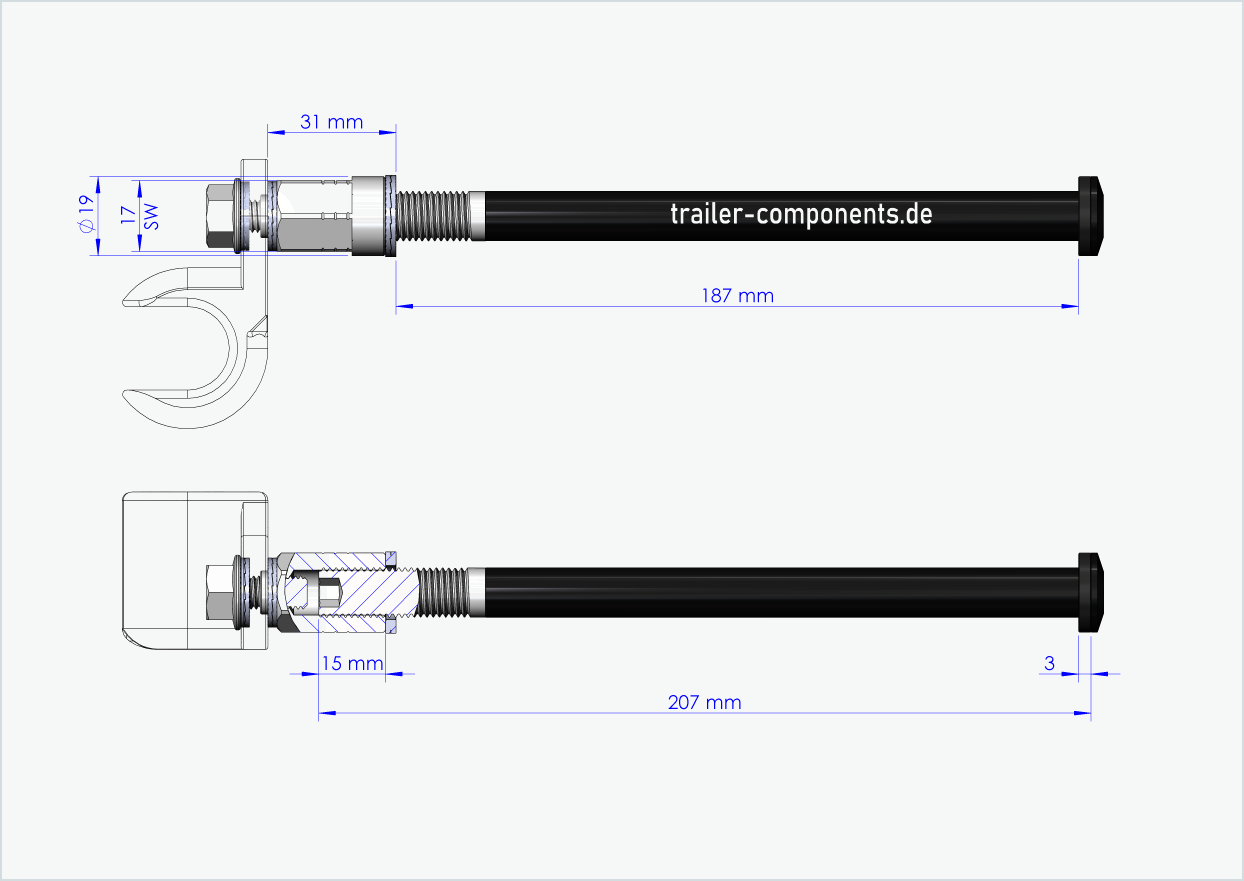 Gjennomgående aksel med universaladapter for ORBEA | for venstregjengede M12 x 1,50 - egnet for Thule, Qeridoo, Burley, Prophete, Hamax, Trixie og andre