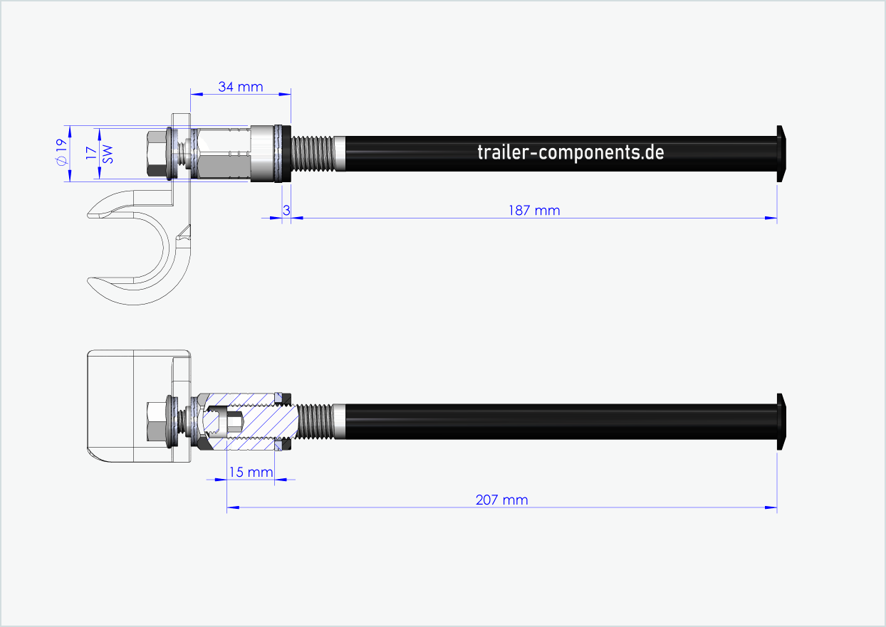 Gjennomgående aksel med universaladapter for ORBEA | for venstregjengede M12 x 1,50 - egnet for Thule, Qeridoo, Burley, Prophete, Hamax, Trixie og andre