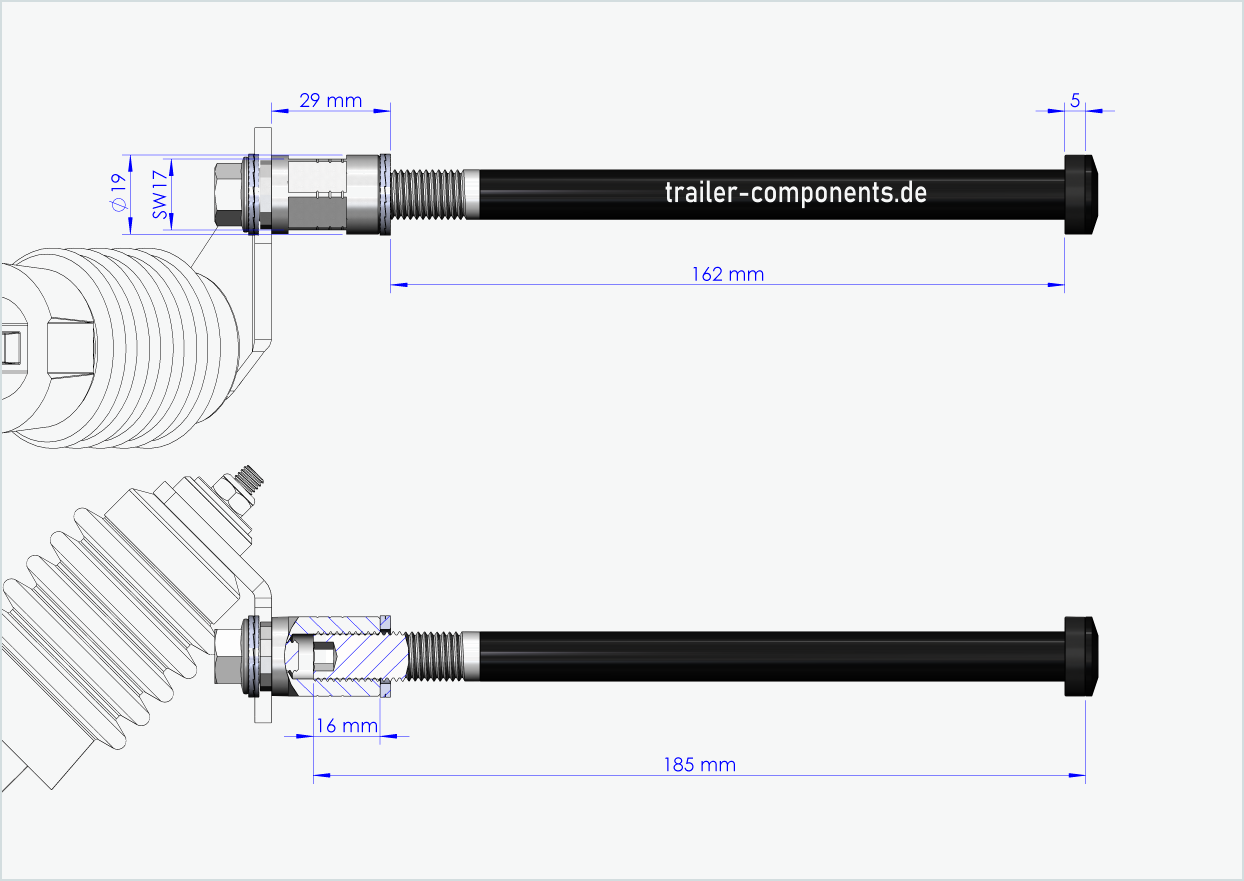 Gjennomgående aksel med Weber-adapter for TOUT TERRAIN | for venstregjengede M12 x 1,50 - egnet for Weber-koblinger type: E - EL - ES