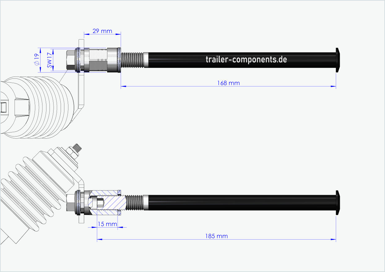 Gjennomgående aksel med Weber-adapter for ORBEA | for venstregjengede M12 x 1,50 - egnet for Weber-koblinger type: E - EL - ES