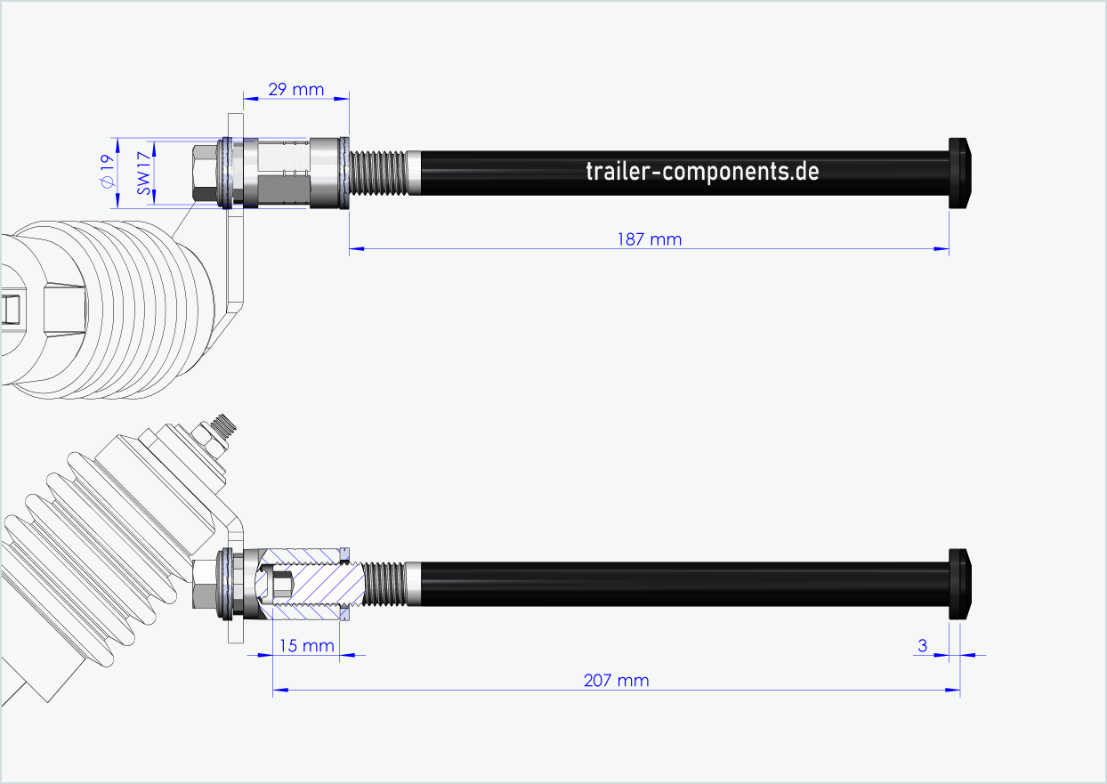 Gjennomgående aksel med Weber-adapter for ORBEA | for venstregjengede M12 x 1,50 - egnet for Weber-koblinger type: E - EL - ES