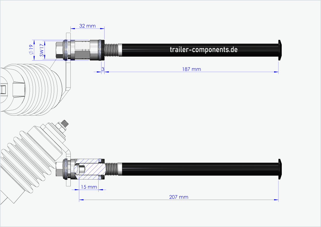 Gjennomgående aksel med Weber-adapter for ORBEA | for venstregjengede M12 x 1,50 - egnet for Weber-koblinger type: E - EL - ES