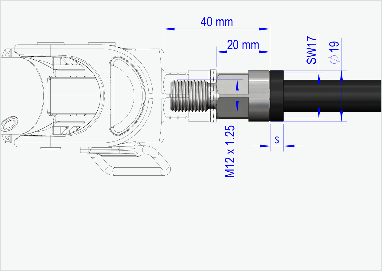 Gjennomgående aksel med utskiftbart system / M12 x 1,25