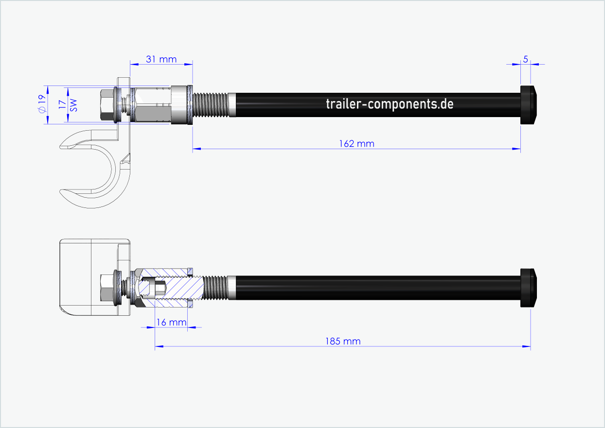 Gjennomgående aksel med universaladapter for TOUT TERRAIN | for venstregjengede M12 x 1,50 - kompatibel med Thule, Qeridoo, Burley, Prophete, Hamax, Trixie og andre
