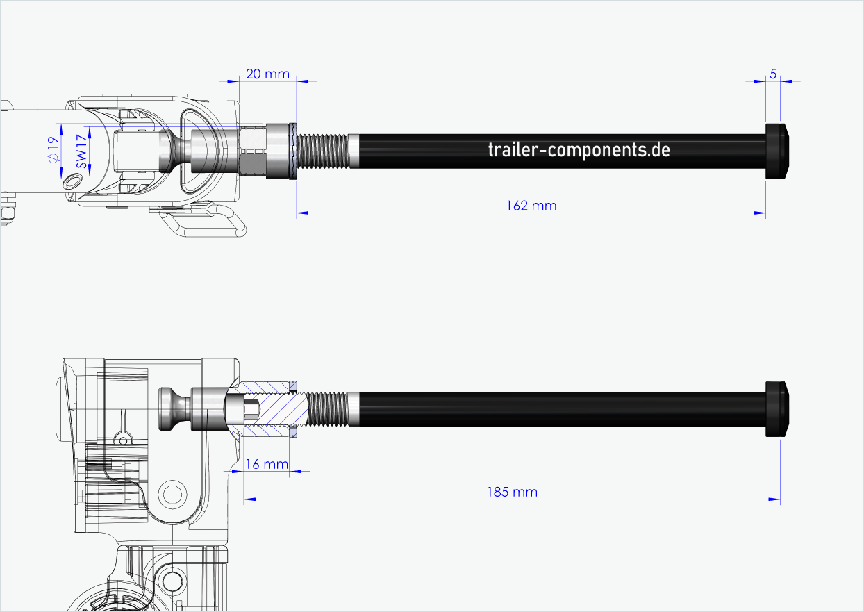 Gjennomgående aksel med adapter for Croozer TOUT TERRAIN | for venstregjengede M12 x 1,50 - egnet for Croozer sykkelvogner fra 2018 og utover