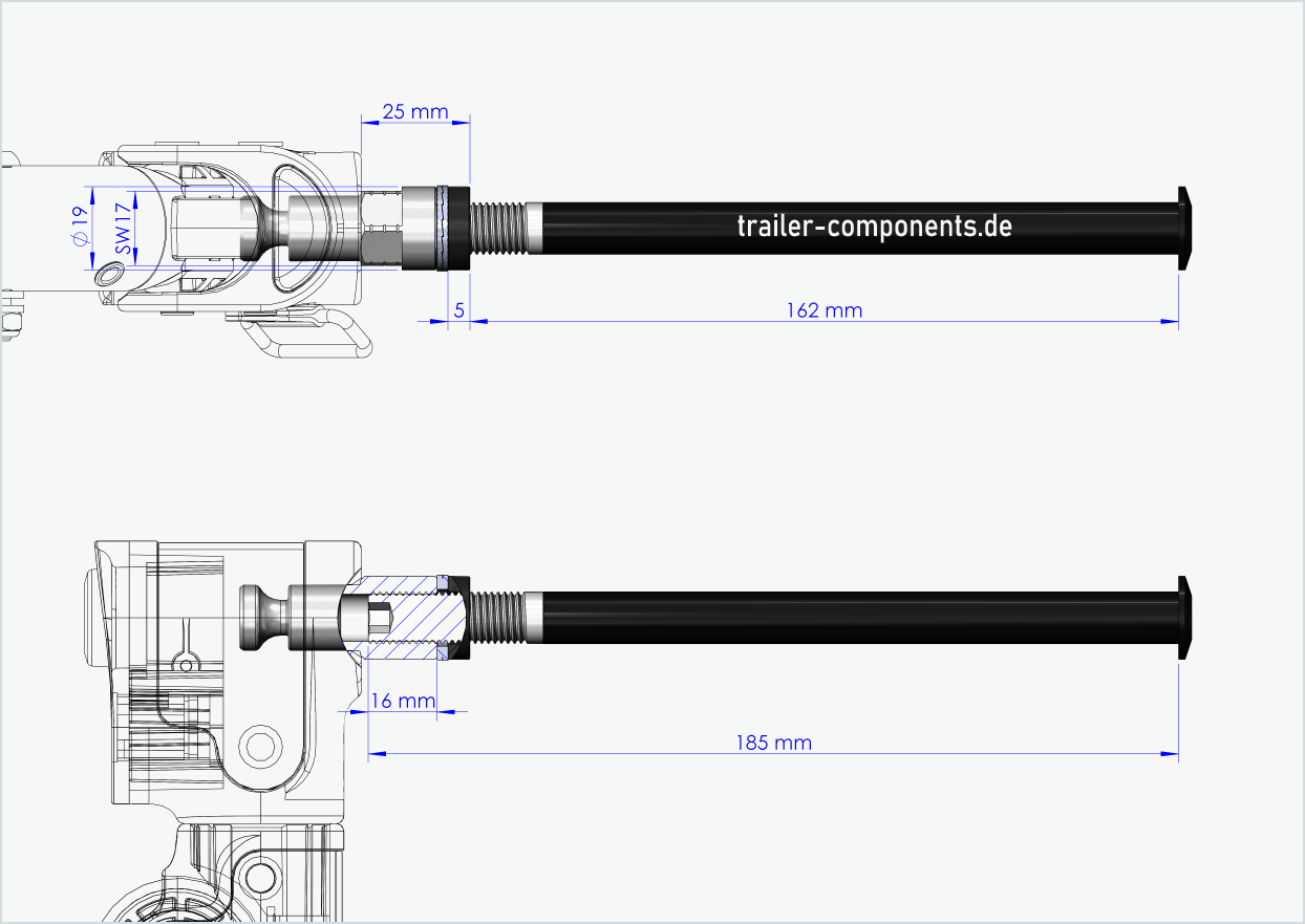 Gjennomgående aksel med adapter for Croozer TOUT TERRAIN | for venstregjengede M12 x 1,50 - egnet for Croozer sykkelvogner fra 2018 og utover