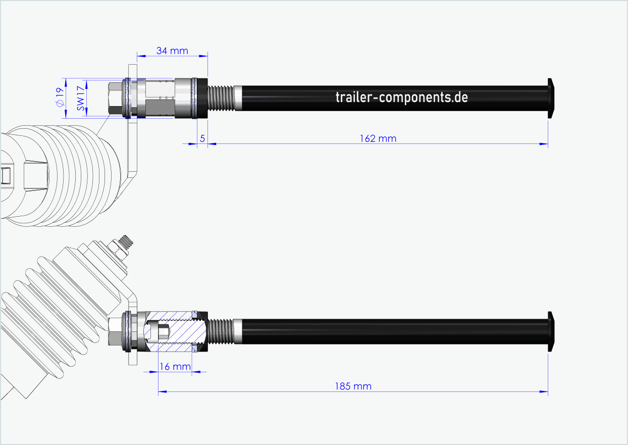 Gjennomgående aksel med Weber-adapter for TOUT TERRAIN | for venstregjengede M12 x 1,50 - egnet for Weber-koblinger type: E - EL - ES
